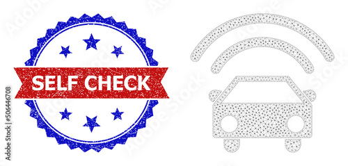 Mesh self driving car wireframe icon, and bicolor unclean Self Check watermark. Mesh wireframe illustration created from self driving car icon.
