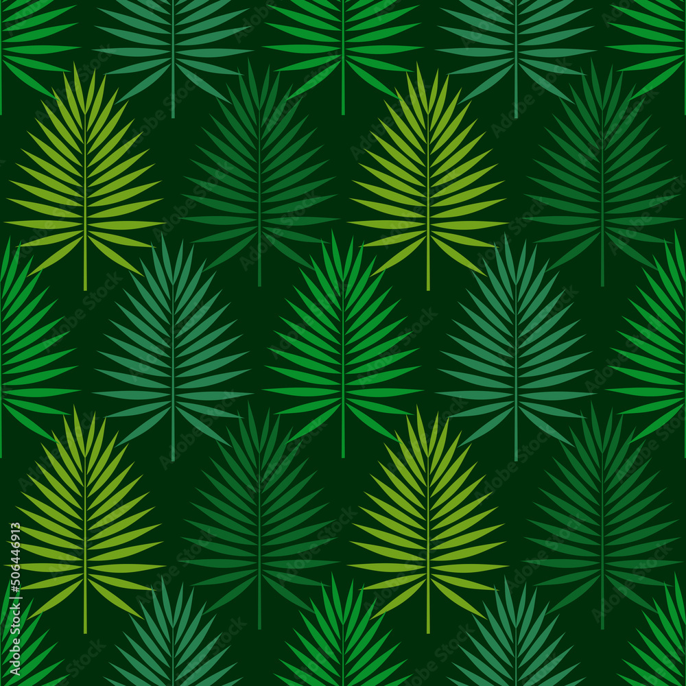 Green palm leaves dark green seamless pattern.
