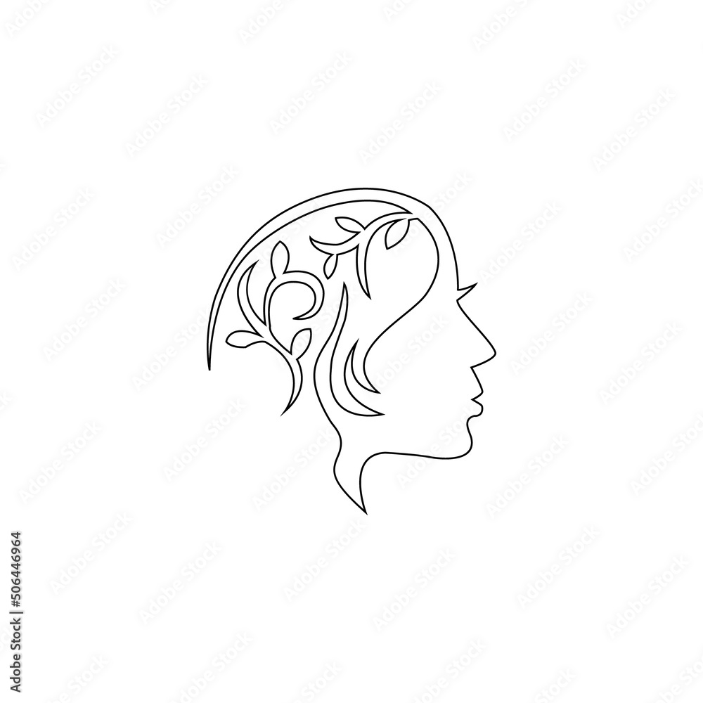 Abstract minimal line drawing beauty woman face with leaves - abstract emblem for cosmetics and beauty products