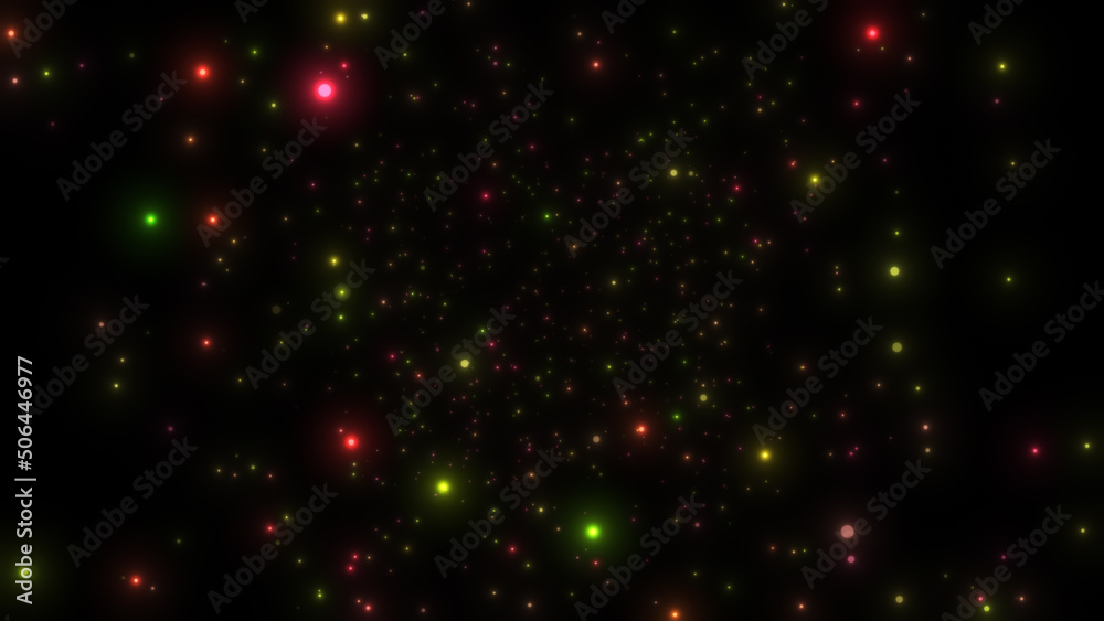 Colorful particles abstract background. Beautiful futuristic glittering in space on black background.