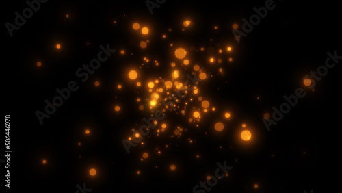 Gold particles abstract background. Beautiful futuristic glittering in space on black background.
