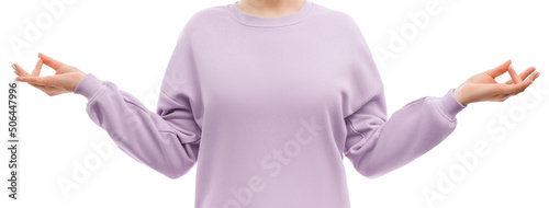 Cropped shot of a woman in lavender sweatshirt performing mudra, meditation, relax gesture. Web banner. photo