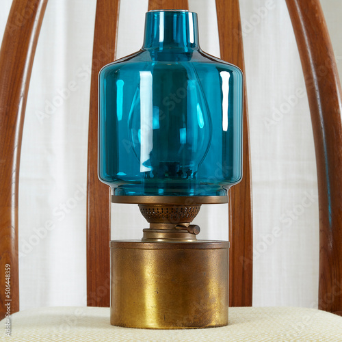 Blue Glass 1950s Scandinavian Modern Oil Lamp.  photo