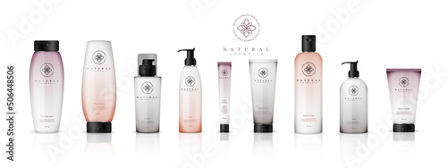 Realistic cosmetic bottles with gradient design on white background. Cosmetic cream containers and tubes for cream, lotion, shampoo, gel, balsam, conditioner, spray. 3d Vector Illustration
