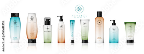 Realistic cosmetic bottles with gradient design on white background. Cosmetic cream containers and tubes for cream, lotion, shampoo, gel, balsam, conditioner, spray. 3d Vector Illustration