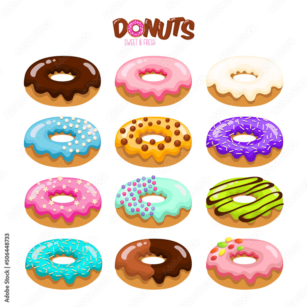 Colorful set of glazed donuts with caramel and sweets. Donuts vector set isolated on a white background in a modern flat style. Vector illustration Colorful set of glazed donuts with caramel and sweets. Donuts vector set isolated on a white background in a modern flat style. Vector illustration