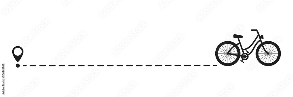 Bicycle silhouette with line start point. Black bike shape driving on dotted route with map pin. Travel concept. Vector illustration isolated on white. Bicycle silhouette with line start point. Black bike shape driving on dotted route with map pin. Travel concept. Vector illustration isolated on white.