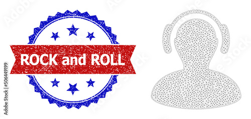 Mesh listen music frame illustration, and bicolor rubber Rock and Roll seal stamp. Mesh carcass image is created from listen music icon.