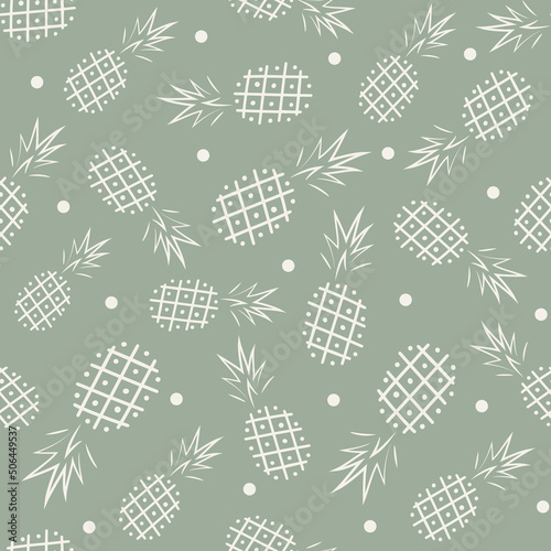 Doodle Pineapple Fruit seamless pattern. Hand drawn of a Pineapple on sage background. Tropical fruit. design for background, wallpaper, clothing, wrapping, fabric