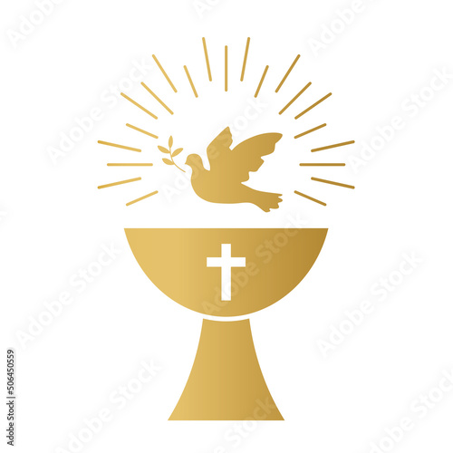 golden baptismal font and dove with olive branch, Holy Spirit symbol- vector illustration photo