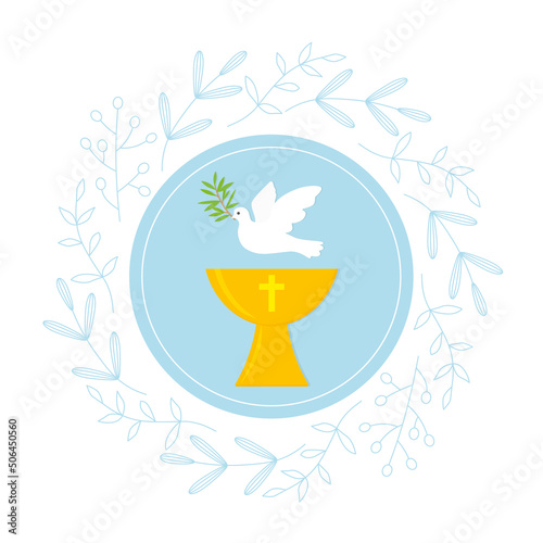 Baptism invitation design template with baptismal font, Holy Spirit symbol and floral wreath-vector illustration