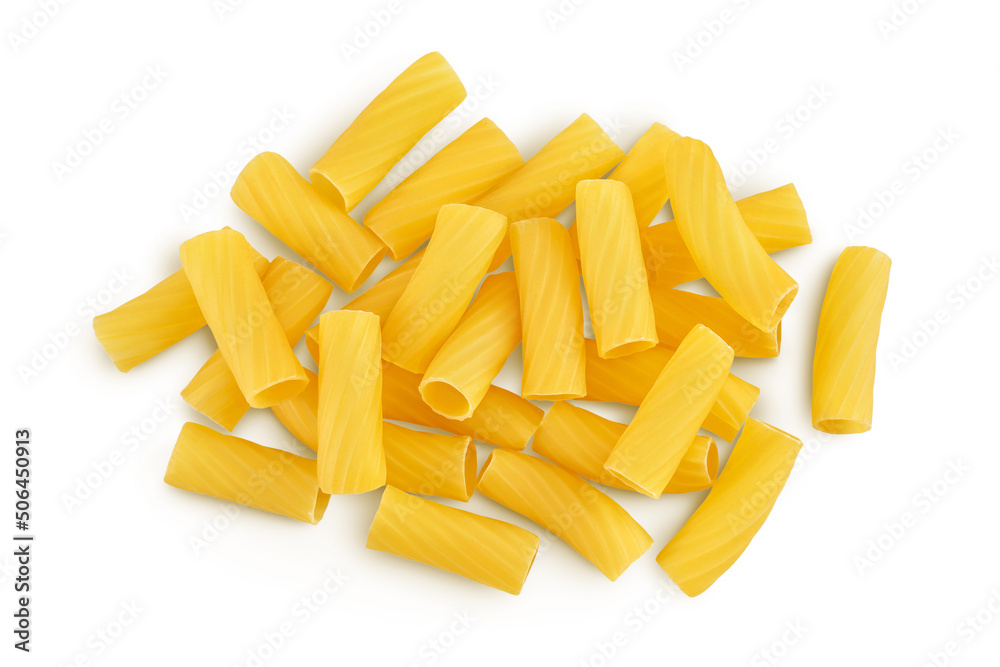 raw italian Rigatoni pasta isolated on white background with clipping path and full depth of field. Top view. Flat lay raw italian Rigatoni pasta isolated on white background with clipping path and full depth of field. Top view. Flat lay