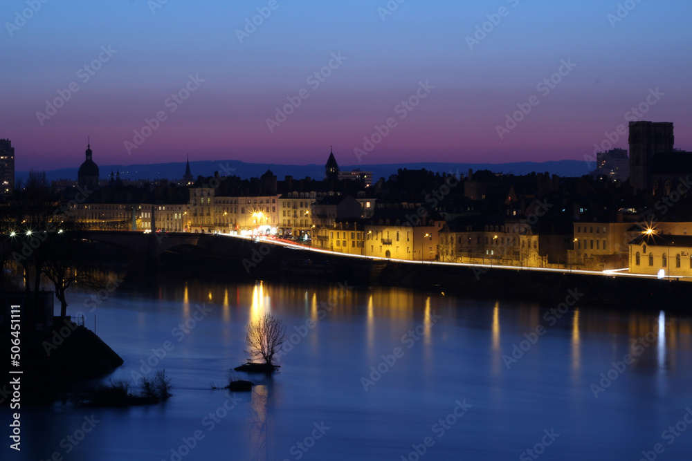 Chalon sur Saône by Night - river, town, bridge, cars and lights of the City - Bourgogne sunset