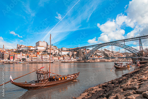 Barco Rabelo no Porto com Ponte D. Luís | Rio Douro, Portugal photo