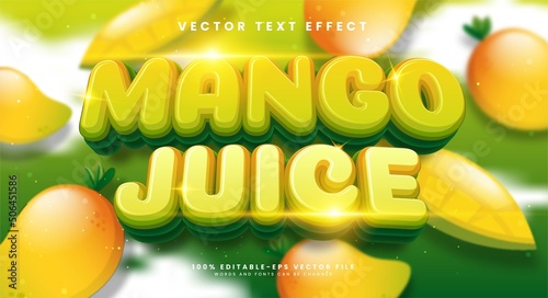 Mango juice 3d editable text effect with yellow color, suitable for tropical fruit concept.