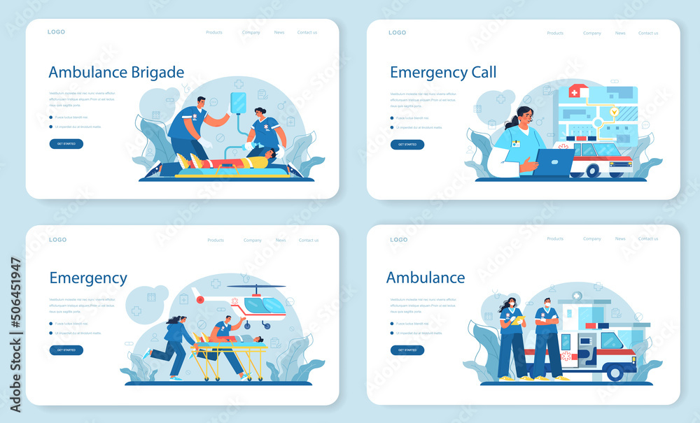 Ambulance web banner or landing page set. Emergency doctor