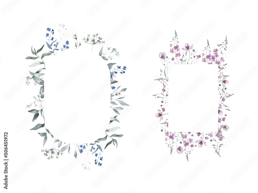 Watercolor Frames with Meadow Flowers and Herbs. Watercolor Frames with Meadow Flowers and Herbs.