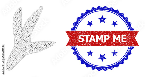 Mesh bird step framework illustration, and bicolor scratched Stamp Me watermark. Mesh wireframe illustration is designed with bird step pictogram.