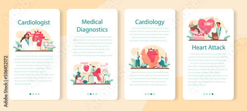 Cardiologist mobile application banner set. Idea of heart medical diagnostic