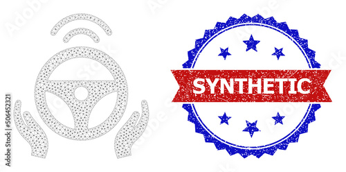 Polygonal driverless car framework icon, and bicolor textured Synthetic seal. Mesh carcass symbol is created from driverless car icon.