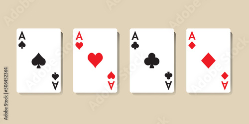 Set of four aces playing cards. Collection of hearts, spades, clubs and diamonds ace suit. Vector illustration