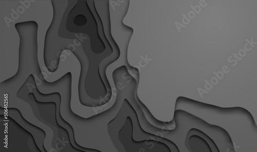 Black cutout in topographic map style. Black paper cut background. Vector illustration.