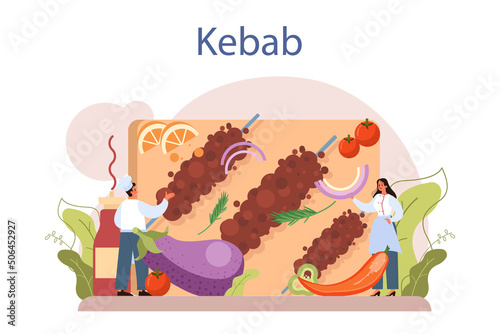 Kebab street food. Chef cooking delicious roll with meat, salad and tomato