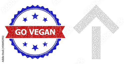 Triangular move up frame illustration, and bicolor rubber Go Vegan watermark. Polygonal wireframe image designed with move up icon.