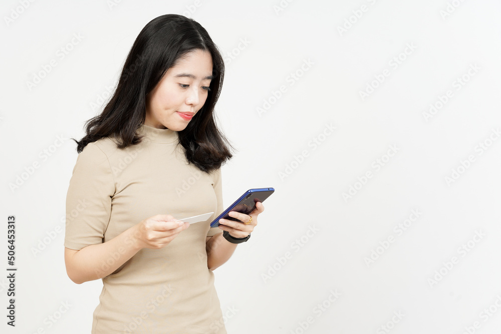 Holding Smartphone and Blank Bank Card or Credit Card Of Beautiful Asian Woman Isolated On White Holding Smartphone and Blank Bank Card or Credit Card Of Beautiful Asian Woman Isolated On White