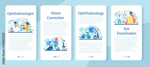 Ophthalmologist mobile application banner set. Idea of eyesight check