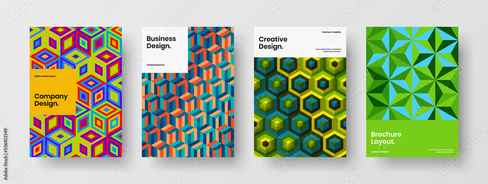 Amazing geometric hexagons front page layout collection. Isolated company cover A4 vector design template composition.