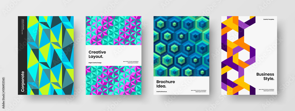 Unique geometric hexagons corporate identity template set. Abstract magazine cover design vector layout collection.