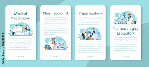Pharmacologist mobile application banner set. Pharmacist preparing
