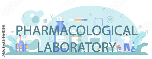 Pharmacological laboratory typographic header. Pharmacist preparing and selling