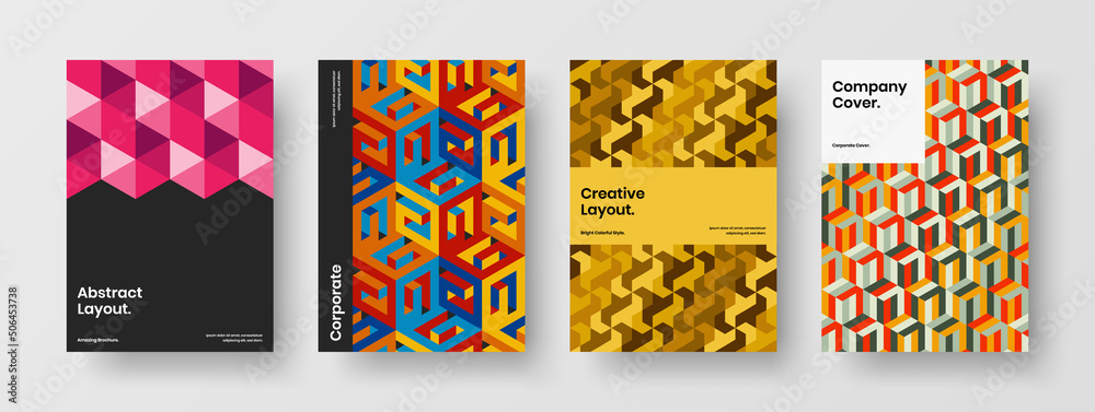 Unique magazine cover design vector layout bundle. Colorful geometric tiles banner concept set.