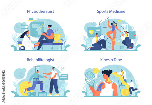 Sports medicine concept set. Doctor helping patients during sport