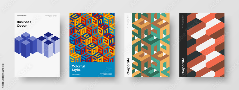 Minimalistic geometric pattern magazine cover layout collection. Modern company identity A4 design vector illustration composition.