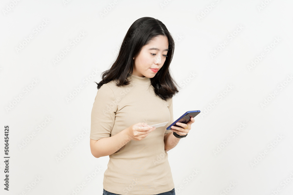 Holding Smartphone and Blank Bank Card or Credit Card Of Beautiful Asian Woman Isolated On White Holding Smartphone and Blank Bank Card or Credit Card Of Beautiful Asian Woman Isolated On White