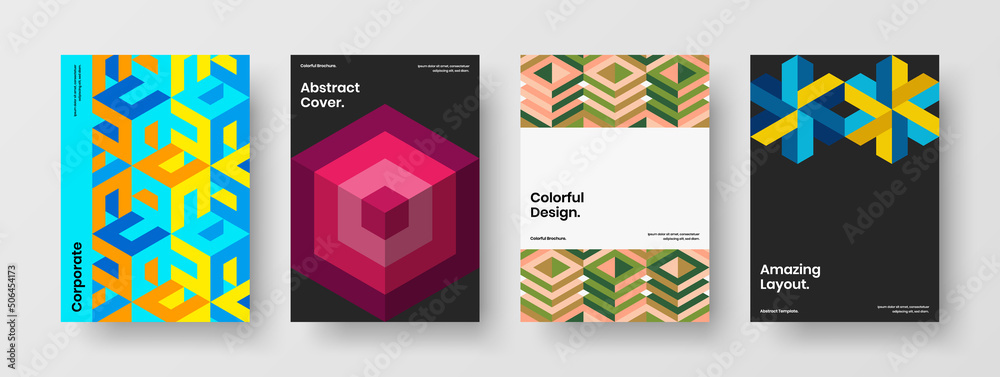 Vivid mosaic hexagons book cover layout composition. Fresh handbill A4 design vector illustration set.