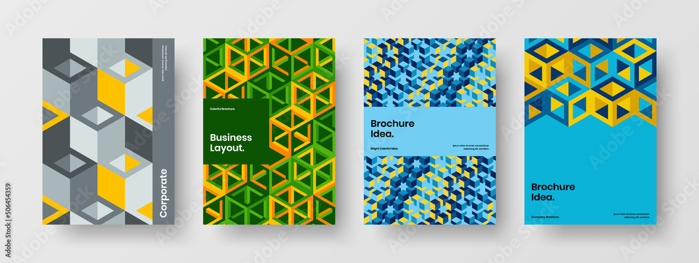 Simple magazine cover vector design concept bundle. Minimalistic mosaic shapes flyer template composition.