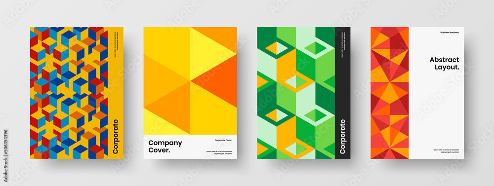 Vivid book cover A4 design vector layout collection. Clean geometric tiles postcard illustration composition.