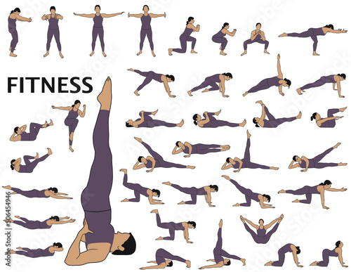 Colored vector silhouettes of woman practicing fitness and yoga. Collection of vector illustrations of sportive girl in costume doing exercises and work out. Healthy lifestyle concept. Fitness icons.