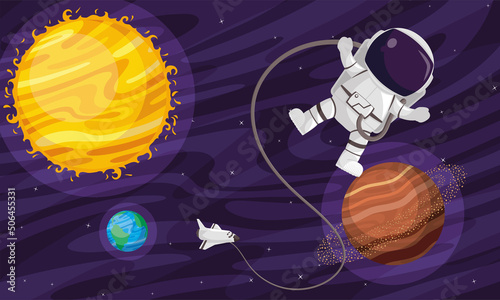 astronaut floating and planets