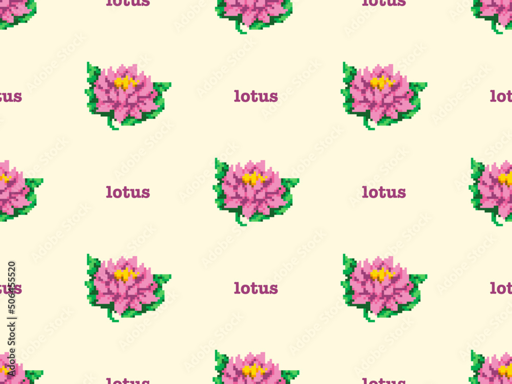 Lotus cartoon character seamless pattern on yellow background. Pixel style