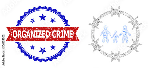 Triangular family arrest model icon, and bicolor dirty Organized Crime watermark. Polygonal wireframe illustration created from family arrest icon.