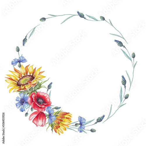 Ukrainian wreath. Watercolor sunflower  cornflower and poppy flower