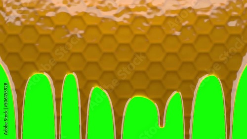 Sweet honey drips on green screen, honeycomb are visible through the material. Viscous liquid flowing down the surface in streams, melting drops forming streaks. 3D animation with chroma key.