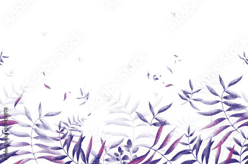 Bouquet border - purple nuance leaves. Leaf watercolor illustration. Watercolor seamless border. Floral illustration. Foliage pattern. Decorative design.
