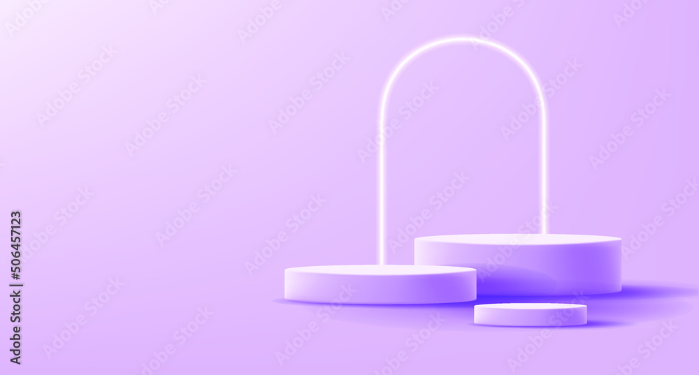 3d render composition of cylinder shaped podium and arch in violet pink colors, three empty platforms. Vector illustration 3d render composition of cylinder shaped podium and arch in violet pink colors, three empty platforms. Vector illustration