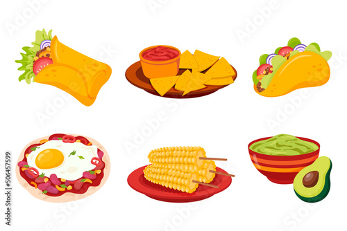 Traditional Mexican cuisine food set. National Mexico dish with meat, hot peppers, avocado, corn, tacos, burritos.
